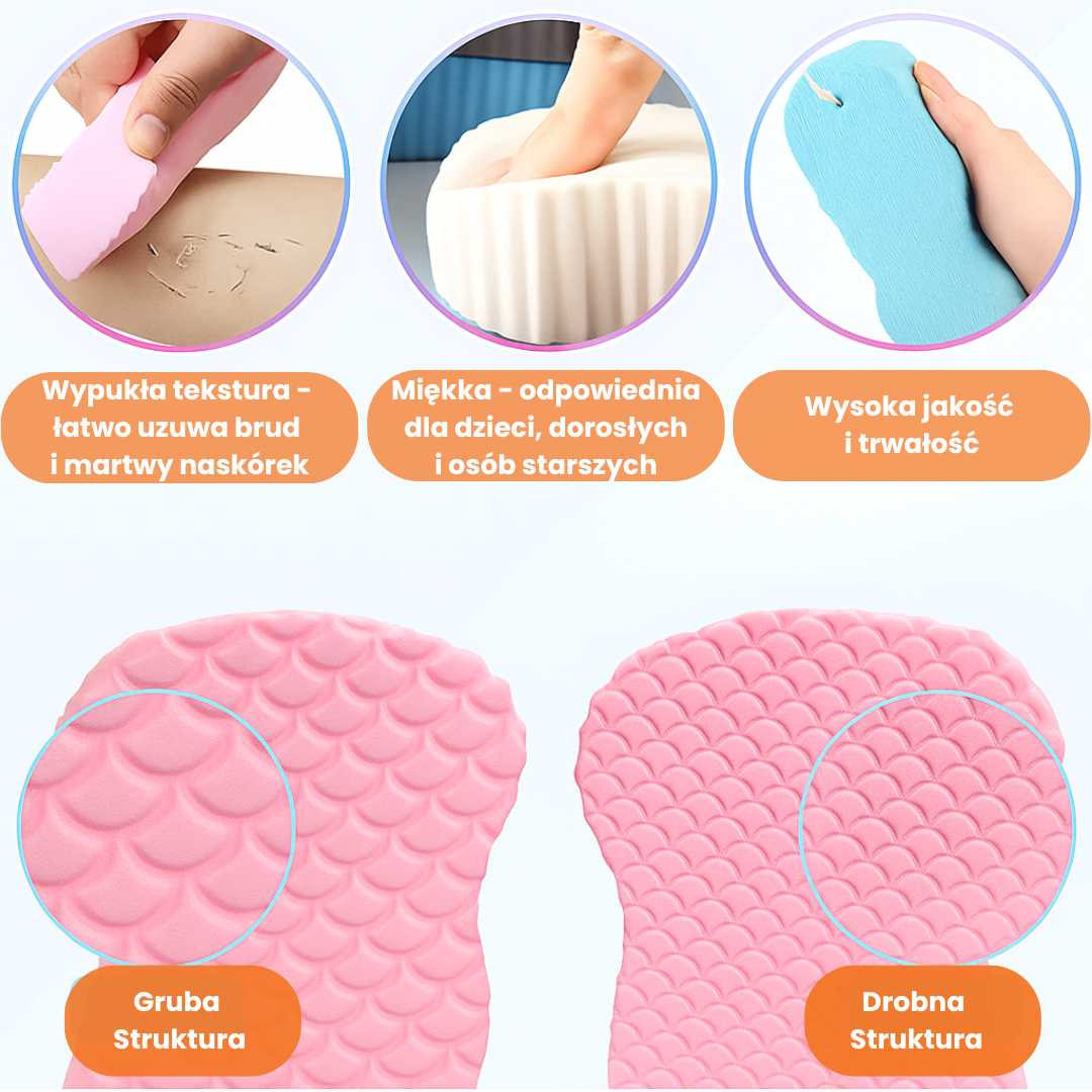 Wypukła tekstura - łatwo uzuwa brud i martwy naskórek